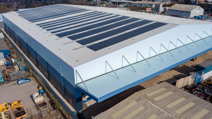 Trents huge warehouse Frontal view with Solar Panels