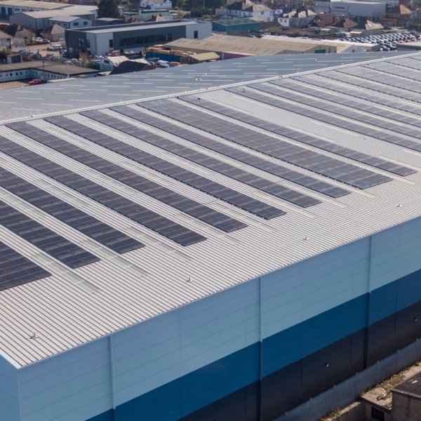 Large roof shot Trents warehouse blue cladding